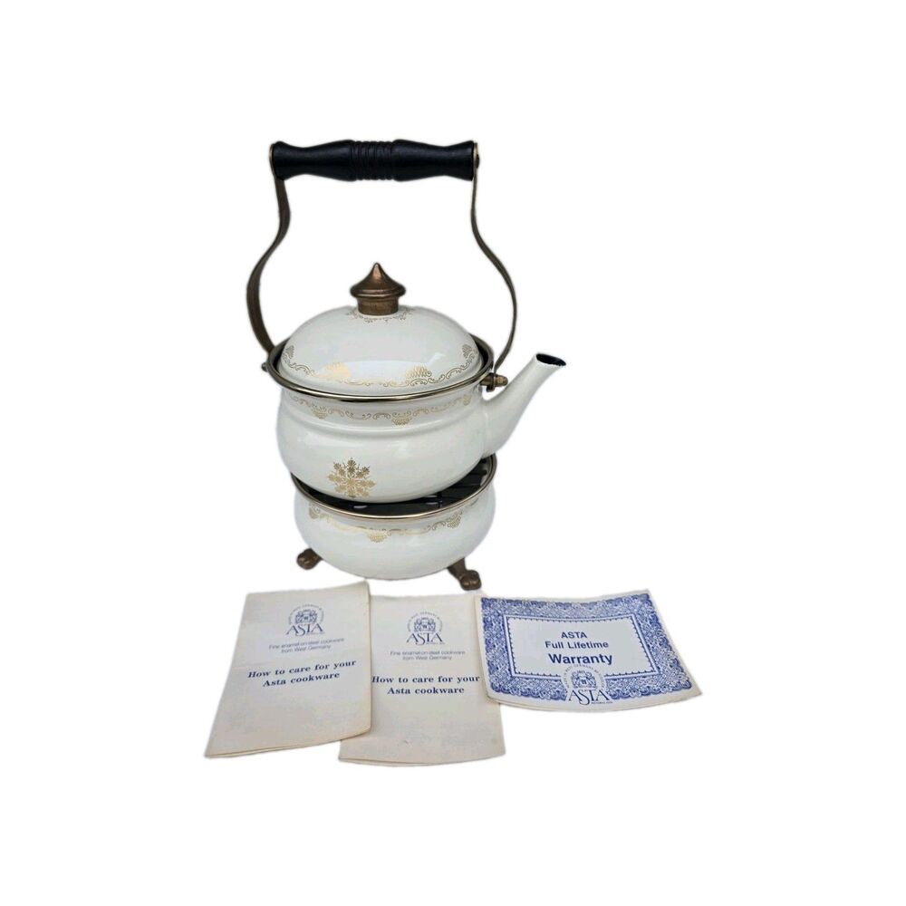 ASTA enamel tea kettle / teapot with matching warmer set made in West Germany